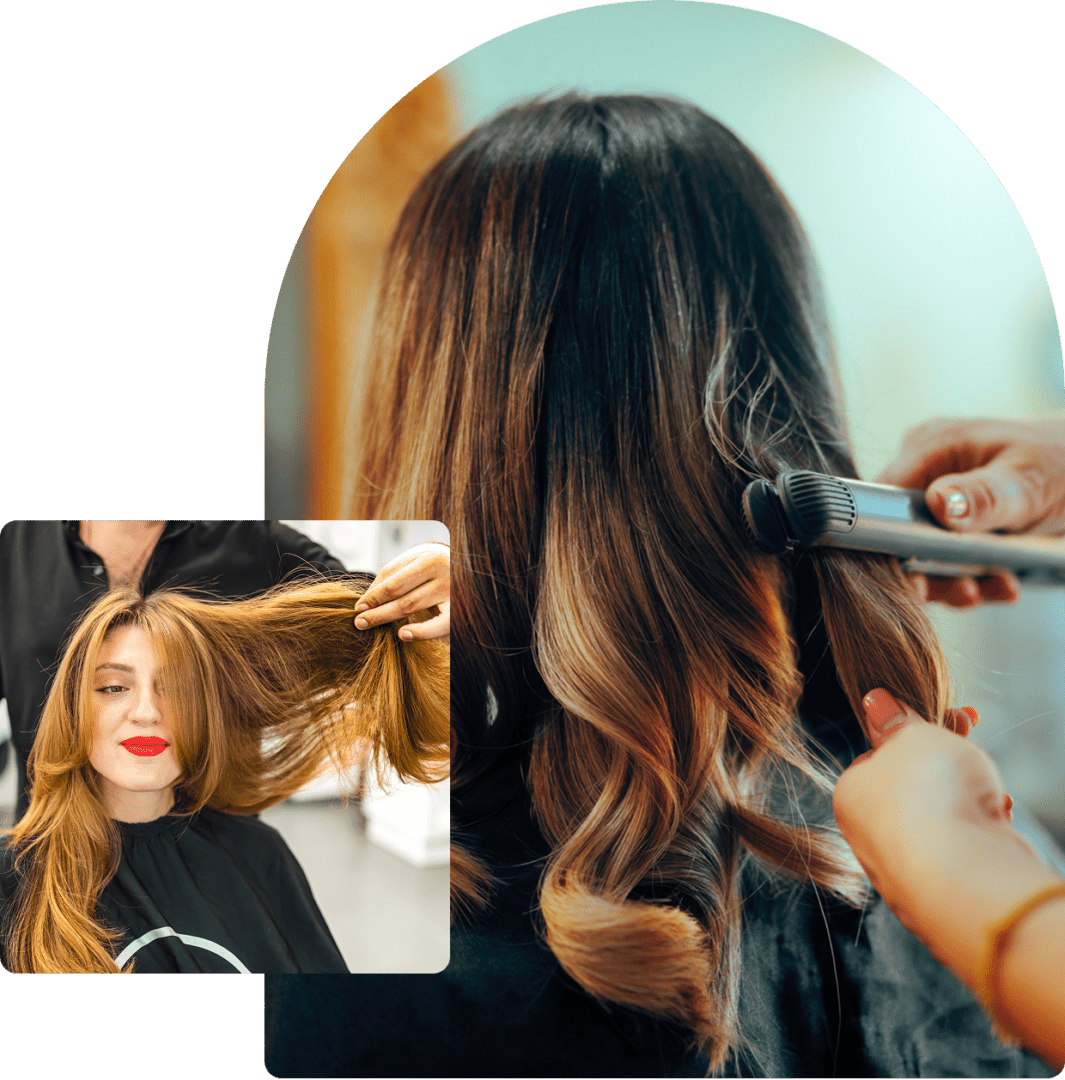 Hairdresser curling long brown hair