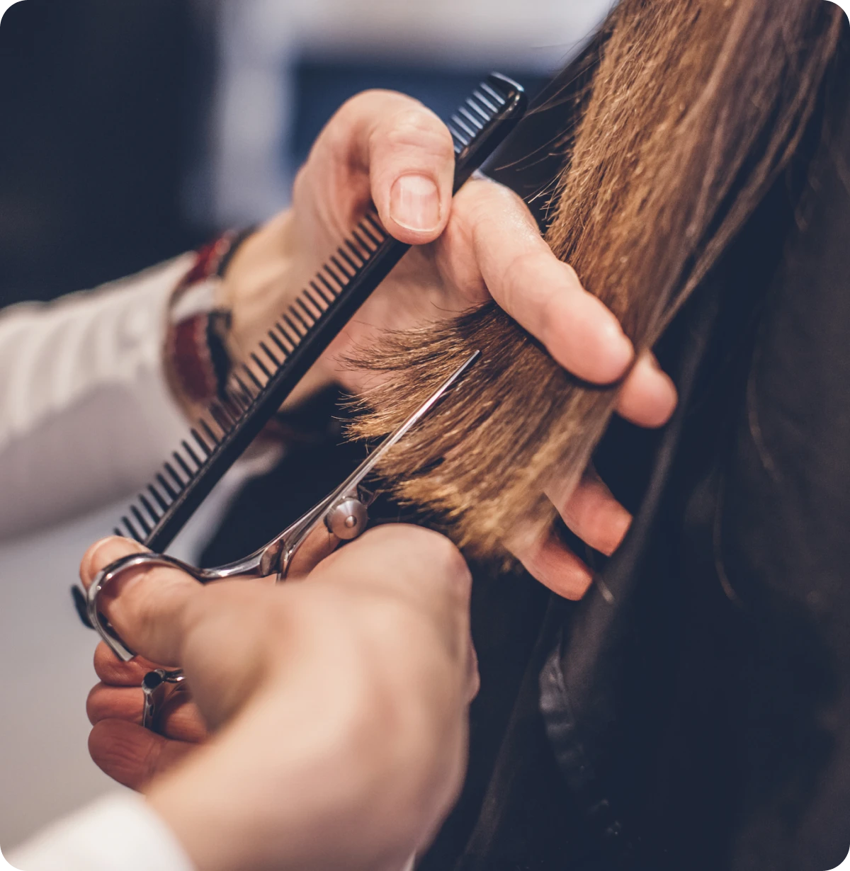 Hairdresser trimming brown hair